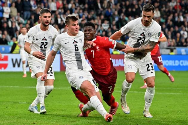 Ljubljana, Slovenia, October 13th 2025, Breel Embolo of Switzerland (2R) in action against David Brekalo of Slovenia (R) during the UEFA European Qualifiers for 2026 World Cup, Group B match between Slovenia and Switzerland at Stadium Stozice, Ljubljana, Slovenia. (Photo by Igor Kupljenik Sports Press Photo) Copyright: xIgorxKupljenikx xSPPx Sportspressphoto_SPR42231