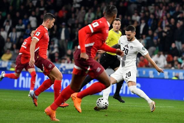 Ljubljana, Slovenia, October 13th 2025, Petar Stojanovic of Slovenia (R) in action during the UEFA European Qualifiers for 2026 World Cup, Group B match between Slovenia and Switzerland at Stadium Stozice, Ljubljana, Slovenia. (Photo by Natasa Kupljenik Sports Press Photo) Copyright: xNatasaxKupljenikx xSPPx Sportspressphoto_SPR42248