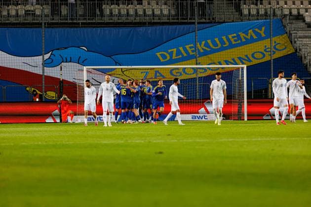 Players of Ukraine seen celebrating after goal during World Cup 2026 European qualification game between national teams of Ukraine and Azerbaijan (Ernest Kolodziej Ball Raw Images) Cracow Cracovia Stadium Poland Copyright: xErnestxKolodziejx ernestkolodziej_ukraine_azarbaijan_pt2_2526-094