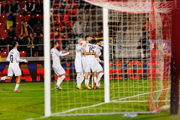 Players of Azerbaijan seen celebrating after goal during World Cup 2026 European qualification game between national teams of Ukraine and Azerbaijan (Ernest Kolodziej Ball Raw Images) Cracow Cracovia Stadium Poland Copyright: xErnestxKolodziejx ernestkolodziej_ukraine_azarbaijan_pt2_2526-113