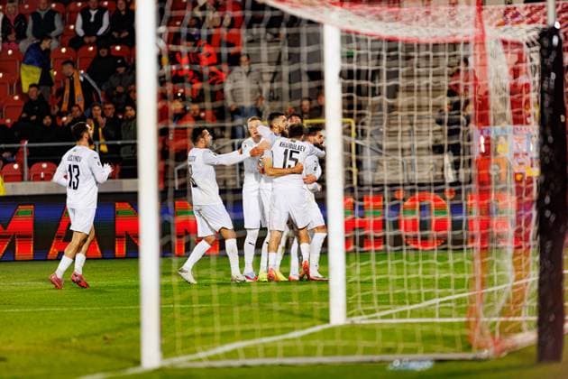 Players of Azerbaijan seen celebrating after goal during World Cup 2026 European qualification game between national teams of Ukraine and Azerbaijan (Ernest Kolodziej Ball Raw Images) Cracow Cracovia Stadium Poland Copyright: xErnestxKolodziejx ernestkolodziej_ukraine_azarbaijan_pt2_2526-114