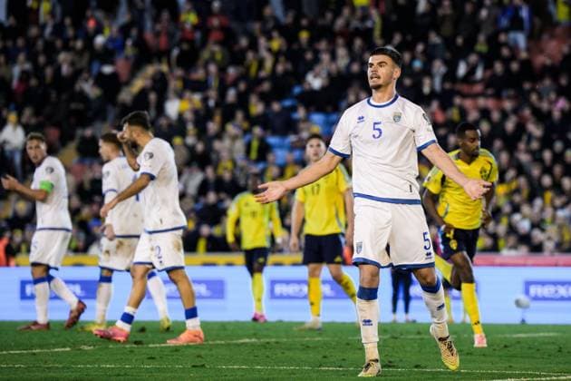 251013 Albian Hajdari of Kosovo during the FIFA World Cup Qualifier football match between Sweden and Kosovo on October 13, 2025 in Gothenburg Photo Daniel Stiller BILDBYRAN code DS JM0741 bbeng fotboll football soccer fotball vm kval kval fifa world cup qualifier qualifier qualification sverige sweden sverige a kosovo  Copyright: DANIELxSTILLER BB251013DS081