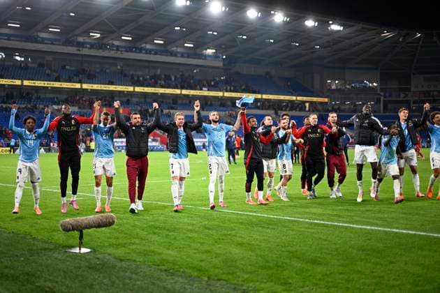 Wales v Belgium - FIFA World Cup, WM, Weltmeisterschaft, Fussball 2026 UEFA Qualifier CARDIFF, WALES - OCTOBER 13 : players of Belgium celebrate the victory after the FIFA World Cup 2026 European Qualifier match between Wales and Belgium at the Cardiff City stadium on October 13, 2025 in Cardiff, Wales, 13 10 2025 Cardiff Wales  Copyright: xNicoxVereeckenx