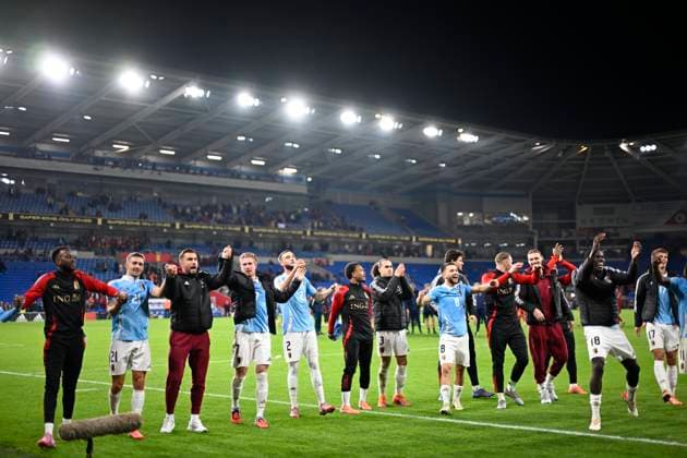 Wales v Belgium - FIFA World Cup, WM, Weltmeisterschaft, Fussball 2026 UEFA Qualifier CARDIFF, WALES - OCTOBER 13 : players of Belgium celebrate the victory after the FIFA World Cup 2026 European Qualifier match between Wales and Belgium at the Cardiff City stadium on October 13, 2025 in Cardiff, Wales, 13 10 2025 Cardiff Wales  Copyright: xNicoxVereeckenx
