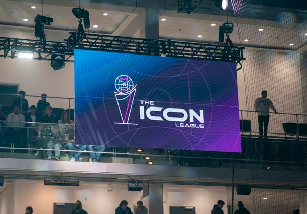 Logo of the Icon League on the scoreboard 13 10 2025, Football, The Icon League, GER, Düsseldorf, Castello Düsseldorf Copyright: HMBxMedia xMarcoxBader