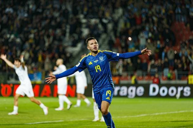 Nazar Voloshyn seen celebrating after scoring goal during World Cup 2026 European qualification game between national teams of Ukraine and Azerbaijan (Ernest Kolodziej Ball Raw Images) Cracow Cracovia Stadium Poland Copyright: xErnestxKolodziejx ernestkolodziej_ukraine_azerbaijan_pt3_2526-62
