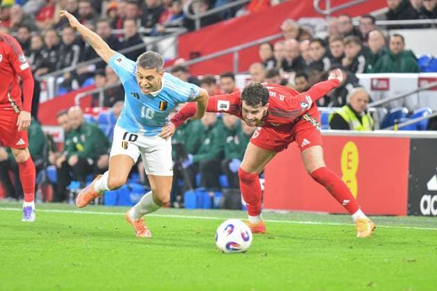 Football - 2026 FIFA World Cup, WM, Weltmeisterschaft, Fussball - European Qualifying - Group J - Matchday 8 12 - Wales vs Belgium - Cardiff City Stadium - Monday 13th October 2025 Leandro Trossard BELGIUM & Neco Williams WALES COLORSPORT Winston Bynorth 