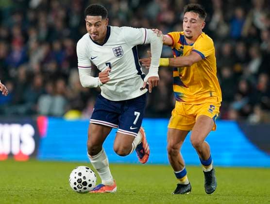 Derby, England, 13th October 2025. Jobe Bellingham of England (L) is challenged by Jan Guma of Andorra during the England U21, U 21 vs Andorra U21 UEFA European Under-21 Championship Qualifier match at Pride Park Stadium, Derby. Picture credit should read: Andrew Yates Sportimage EDITORIAL USE ONLY. No use with unauthorised audio, video, data, fixture lists, club league logos or live services. Online in-match use limited to 120 images, no video emulation. No use in betting, games or single club league player publications. SPI_100_AY_ENGu21_ANDORRAu21 SPI-4215-0099