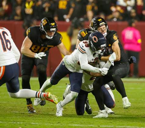 Oct 13, 2025: Washington Commanders WR KR PR 11 Luke McCaffrey takes a big hit after receiving a kick off during the Washington Commanders game against the Chicago Bears at Northwest Stadium in Landover, MD. CSM Landover United States of America - ZUMAc04_ 20251013_zma_c04_065 Copyright: xJustinxCooperx
