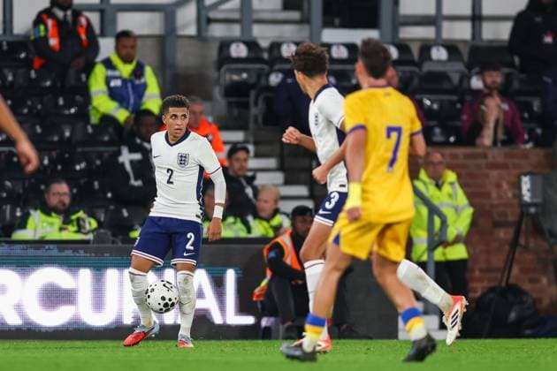 England v Andorra - 2027 UEFA European Under-21 Championship Qualifier Rico Lewis of England is in action with the ball during the UEFA Under 21 Group D Qualifier match between England and Andorra at Pride Park in Derby, England, on October 13, 2025. Derby Derbyshire United Kingdom  Copyright: xMIxNewsx originalFilename:fletcher-englandv251013_npR5D.jpg