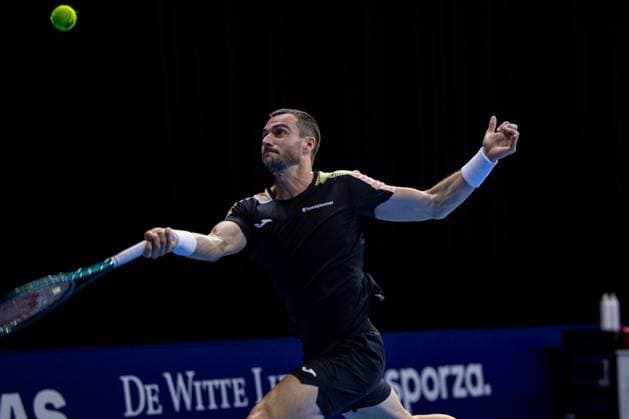 Spanish Pedro Martinez pictured in action during the European Open ATP, Tennis Herren tennis tournament in Brussels, on Tuesday 14 October 2025. This year s edition of the tournament is taking place from 12 to 19 October 2025. JASPERxJACOBS  x136777377x