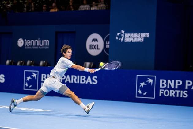 Belgian Gilles-Arnaud Bailly pictured in action during the European Open ATP, Tennis Herren tennis tournament in Brussels, on Tuesday 14 October 2025. This year s edition of the tournament is taking place from 12 to 19 October 2025. JASPERxJACOBS  x136779057x