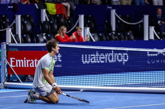 Belgian Gilles-Arnaud Bailly celebtares after winning his match against German Daniel Altmaier during the European Open ATP, Tennis Herren tennis tournament in Brussels, on Tuesday 14 October 2025. This year s edition of the tournament is taking place from 12 to 19 October 2025. JASPERxJACOBS  x136783545x