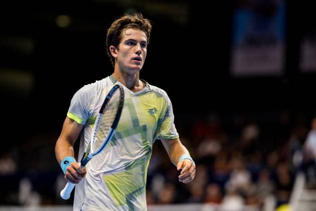 Belgian Gilles-Arnaud Bailly reacts during the European Open ATP, Tennis Herren tennis tournament in Brussels, on Tuesday 14 October 2025. This year s edition of the tournament is taking place from 12 to 19 October 2025. JASPERxJACOBS  x136783814x
