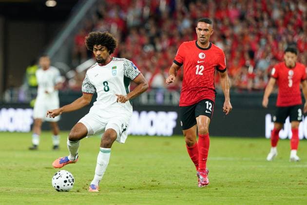 AFC Asian Cup Qualifiers: Hong Kong vs Bangladesh (L) Hamza Dewan Choudhury and (R) Fernando Augusto Azevedo Pedreira during the AFC Asian Cup Qualifiers between Hong Kong and Bangladesh at Kai Tak Stadium on October 14, 2025 in Hong Kong. (Photo by Ellan Mad Nexpher Images)