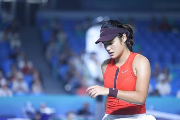 NINGBO, CHINA - OCTOBER 14: Emma Raducanu of Great Britain reacts in the Women s Singles Round of 32 match against Zhu Lin of China on day 2 of 2025 Ningbo Open at the Ningbo (Yinzhou) Tennis Center on October 14, 2025 in Ningbo, Zhejiang Province of China.  Copyright: xVCGx 111597161847
