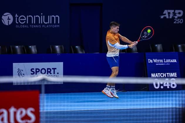 Argentine Sebastian Baez pictured in action during the European Open ATP, Tennis Herren tennis tournament in Brussels, on Tuesday 14 October 2025. This year s edition of the tournament is taking place from 12 to 19 October 2025. JASPERxJACOBS  x136790656x