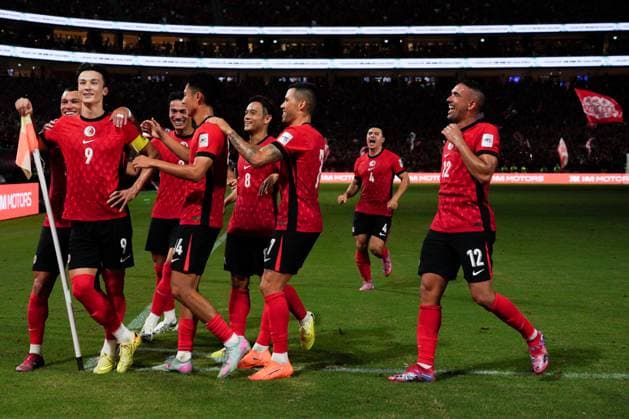 AFC Asian Cup Qualifiers: Hong Kong vs Bangladesh Team Hong Kong celebrating a goal during the AFC Asian Cup Qualifiers between Hong Kong and Bangladesh at Kai Tak Stadium on October 14, 2025 in Hong Kong. (Photo by Ellan Mad Nexpher Images)