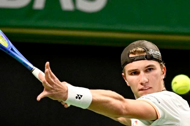STOCKHOLM, SWEDEN 20251014 Nicolai Budkov Kjaer, Norway, in his match against Marin Cilic, Croatia, during the BNP Paribas Nordic Open tennis tournament at the Royal Swedish Tennis Hall STOCKHOLM SWEDEN x10080x  Copyright: xFredrikxSandberg TTx TENNIS NORDIC OPEN