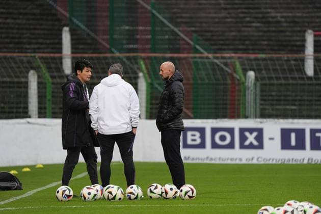 Coach Antonio di Salvo Germany U21 looks on with his coaching staff at the historic stadium The Oval, home ground of Glentoran Belfast 14 10 2025 Northern Ireland v Germany U21, European Championship Qualifiers, The Oval