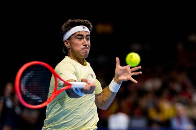 Argentina s Francisco Comesana pictured in action during the European Open ATP, Tennis Herren tennis tournament in Brussels, on Tuesday 14 October 2025. This year s edition of the tournament is taking place from 12 to 19 October 2025. JASPERxJACOBS  x136797872x