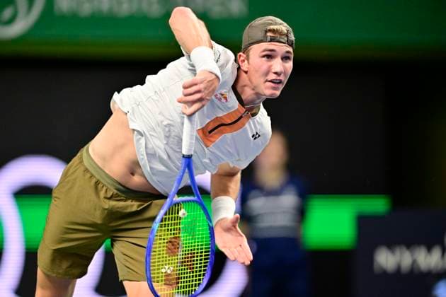 STOCKHOLM, SWEDEN 20251014 Nicolai Budkov Kjaer, Norway, in his match against Marin Cilic, Croatia, during the BNP Paribas Nordic Open tennis tournament at the Royal Swedish Tennis Hall STOCKHOLM SWEDEN x10030x  Copyright: xJonasxEkströmer TTx TENNIS NORDIC OPEN