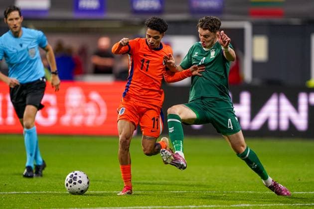 2025-10-14 Netherlands U21, U 21 v Lithuania U21 - World Friendly International EMMEN, NETHERLANDS - OCTOBER 14: Ro-Zangelo Daal of Netherlands U21 battles for possession with Domas Slendzoka of Lithuania U21 during the World Friendly international match, Länderspiel, Nationalmannschaft between Netherlands U21 and Lithuania U21 at De Oude Meerdijk on October 14, 2025 in Emmen, Netherlands. Emmen De Oude Meerdijk Netherlands Content not available for redistribution in The Netherlands directly or indirectly through any third parties. Copyright: xAndrexWeeningx