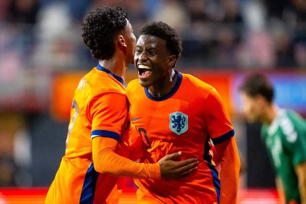 EMMEN , 14-10-2025 , Stadium Oude Meerdijk , season 2025 2026 , UEFA friendly football , match between Netherlands U21, U 21 and Lithuania U21 , picture shows Netherlands U21 player Isaac Babadi scores 1-0 Netherlands U21 - Lithuania U21  x31508209x Copyright: