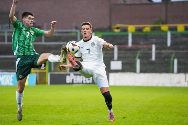 Said El Mala Germany U21, 7 v Shea Kearney Northern Ireland, Northern Ireland, 7 Belfast 14 10 2025 Northern Ireland v Germany U21, European Championship Qualifiers, The Oval