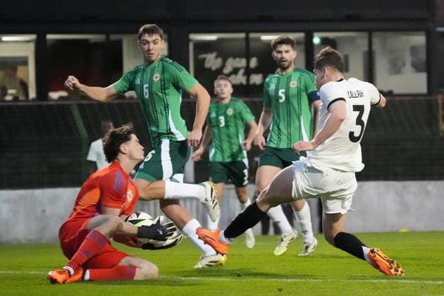 Chance for Lukas Ullrich Germany U21, 3 but he collides with goalkeeper Stephen McMullan Northern Ireland, Northern Ireland, 1 Belfast 14 10 2025 Northern Ireland v Germany U21, European Championship Qualification, The Oval