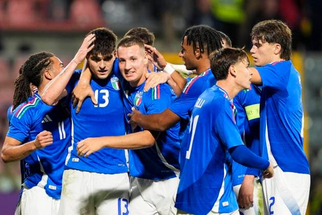 Italy™s Francesco Camarda celebrates after scoring the 2-0 goal for his team during the qualifying round for the 2027 UEFA European Under-21 Championship between Italy and Armenia (Group E - Day 5) at the Giovanni Zini Stadium in Cremona, Italy - October 14, 2025. - Soccer  Copyright: xFabioxFerrari LaPressex