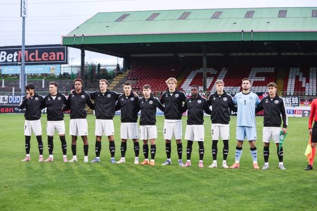 Sport, Football, U21 European Championship Qualification Group F 5 Matchday Northern Ireland U21 Germany U21 14 10 2025, The Oval The players of Germany during the national anthem Belfast The Oval Northern Ireland
