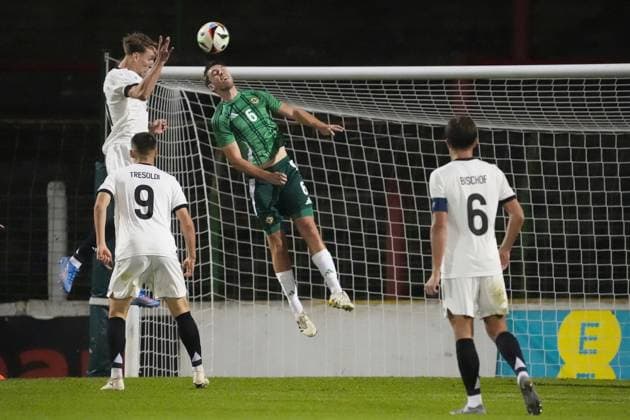 Header chance Nelson Weiper Germany U21, 11 Belfast 14 10 2025 Northern Ireland v Germany U21, European Championship Qualifiers, The Oval
