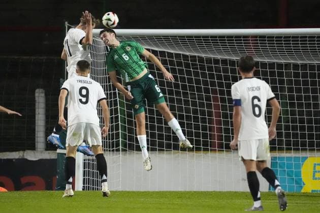 Header chance Nelson Weiper Germany U21, 11 Belfast 14 10 2025 Northern Ireland v Germany U21, European Championship Qualifiers, The Oval