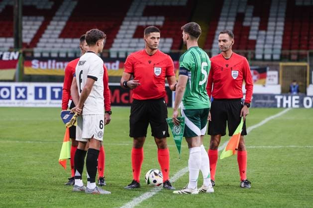 Sport, Soccer, U21 European Championship Qualification Group F 5 Matchday Northern Ireland U21 Germany U21 14 10 2025, The Oval pre-match side selection with Tom Bischof Germany, 6 Michael Forbes Northern Ireland, 5 Belfast The Oval Northern Ireland