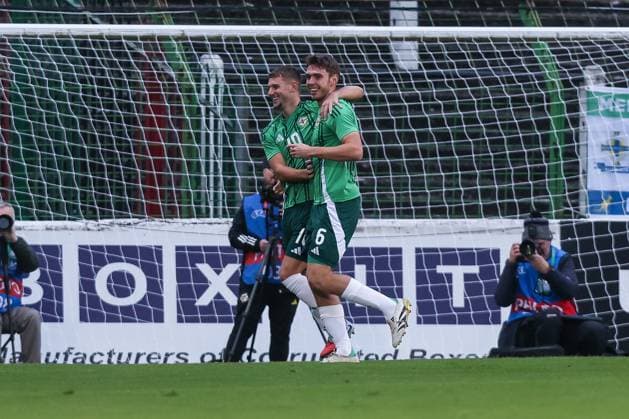 Sport, Football, U21 European Championship Qualification Group F 5 Matchday Northern Ireland U21 Germany U21 14 10 2025, The Oval Goal celebration Northern Ireland after the goal for 1 0 the players are happy Belfast The Oval Northern Ireland