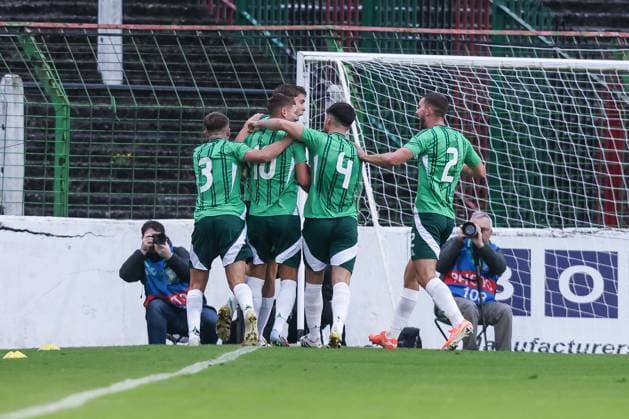 Sport, Football, U21 European Championship Qualification Group F 5 Matchday Northern Ireland U21 Germany U21 14 10 2025, The Oval Goal celebration Northern Ireland after the goal for 1 0 the players are happy Belfast The Oval Northern Ireland