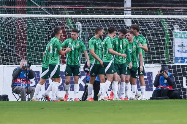 Sport, Football, U21 European Championship Qualification Group F 5 Matchday Northern Ireland U21 Germany U21 14 10 2025, The Oval Goal celebration Northern Ireland after the goal for 1 0 the players are happy Belfast The Oval Northern Ireland