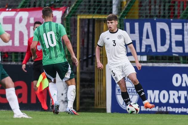 Sport, Football, U21 European Championship Qualification Group F 5 Matchday Northern Ireland U21 Germany U21 14 10 2025, The Oval Jamiel Donley Northern Ireland, 10 Lukas Ullrich Germany, 3 Belfast The Oval Northern Ireland