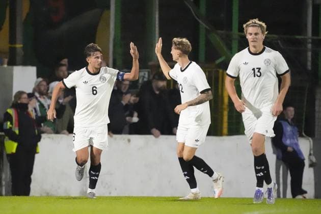 Tom Bischof Germany U21, 6 and Tim Drexler Germany U21, 22 are happy about the 1 1 Belfast 14 10 2025 Northern Ireland vs Germany U21, European Championship Qualification, The Oval