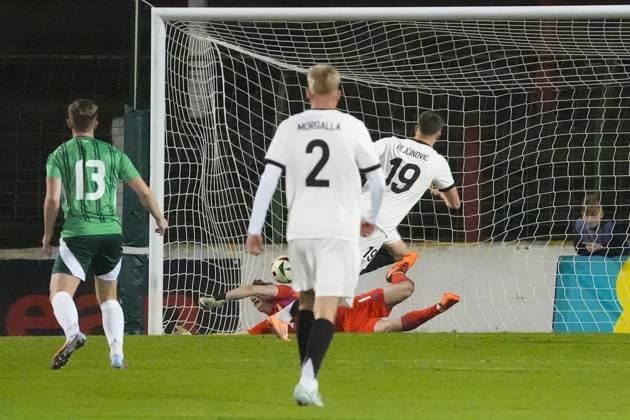 celebrate the goal, goal celebration for 1 2 Dzenan Pejcinovic Germany U21, 19 Belfast 14 10 2025 Northern Ireland vs Germany U21, European Championship Qualification, The Oval