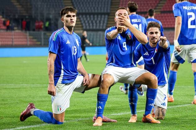 exultation after the goal of Francesco Camarda during Qualifying - Italy U21, U 21 vs Armenia U21, UEFA European Football Championship in Cremona, Italy, October 14 2025  Copyright: xRobertaxCorradin IPAxSportx xipa-agency.netx xx IPA_66548769 IPA_Agency_IPA66548769