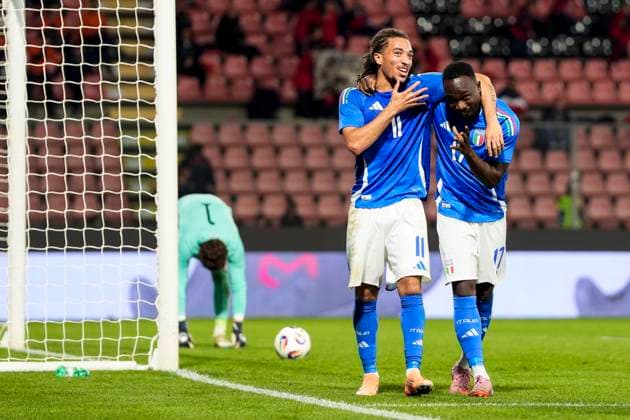 Italy™s Seydou Fini celebrates after scoring the 4-0 goal for his team during the qualifying round for the 2027 UEFA European Under-21 Championship between Italy and Armenia (Group E - Day 5) at the Giovanni Zini Stadium in Cremona, Italy - October 14, 2025. - Soccer  Copyright: xFabioxFerrari LaPressex