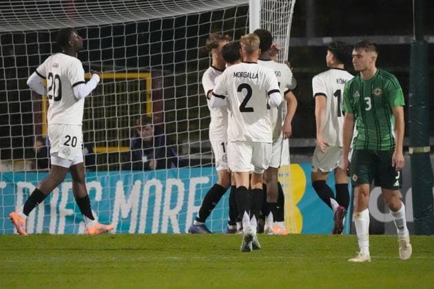 celebrate the goal, goal celebration for 1 2 Dzenan Pejcinovic Germany U21, 19 Belfast 14 10 2025 Northern Ireland vs Germany U21, European Championship Qualification, The Oval