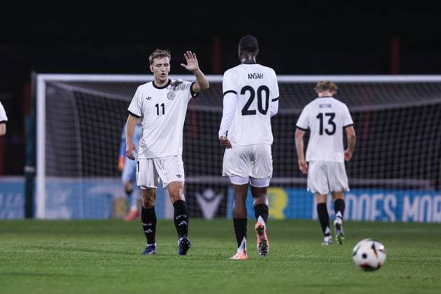 Sport, Football, U21 European Championship Qualification Group F 5 Matchday Northern Ireland U21 Germany U21 14 10 2025, The Oval Goal celebration Germany after Assan Ouedraogo Germany, 21 , Nelson Weiper Germany, 11 , Ilyas Ansah Germany, 20 Belfast The Oval Northern Ireland rejoice