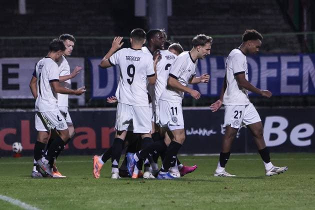 Sport, Football, U21 European Championship Qualification Group F 5 Matchday Northern Ireland U21 Germany U21 14 10 2025, The Oval Goal celebration Germany after the goal to 2 1 by Dzenan Pejcinovic Germany, 19 by a penalty Belfast The Oval Northern Ireland