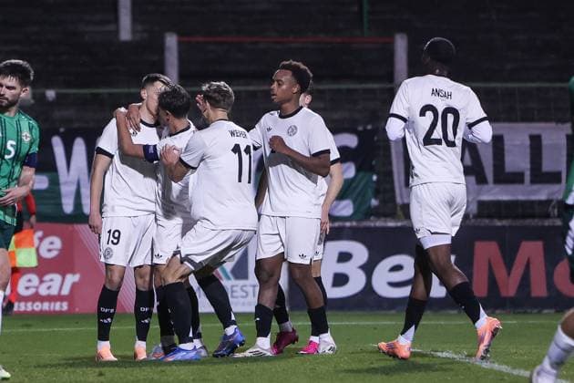 Sport, Football, U21 European Championship Qualification Group F 5 Matchday Northern Ireland U21 Germany U21 14 10 2025, The Oval Goal celebration Germany after the goal to 2 1 by Dzenan Pejcinovic Germany, 19 by a penalty Belfast The Oval Northern Ireland
