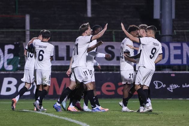 Sport, Football, U21 European Championship Qualification Group F 5 Matchday Northern Ireland U21 Germany U21 14 10 2025, The Oval Goal celebration Germany after the goal to 2 1 by Dzenan Pejcinovic Germany, 19 by a penalty Belfast The Oval Northern Ireland