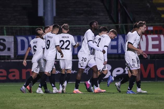Sport, Football, U21 European Championship Qualification Group F 5 Matchday Northern Ireland U21 Germany U21 14 10 2025, The Oval Goal celebration Germany after the goal to 2 1 by Dzenan Pejcinovic Germany, 19 by a penalty Belfast The Oval Northern Ireland