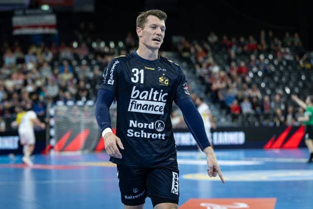 SG Flensburg Handewitt vs St Raphael, 14 10 2025 Emil Jakobsen SG Flensburg Handewitt, 31 gestures FLENSBURG, GERMANY OCTOBER 14 during the EHF European League match between SG Flensburg Handewitt vs St Raphael at GP JOULE Arena, on matchday 1 of the Group Matches Group A on October 14, 2025 in Flensburg, Germany Copyright: xBEAUTIFULxSPORTS MarioxM.xKobergx